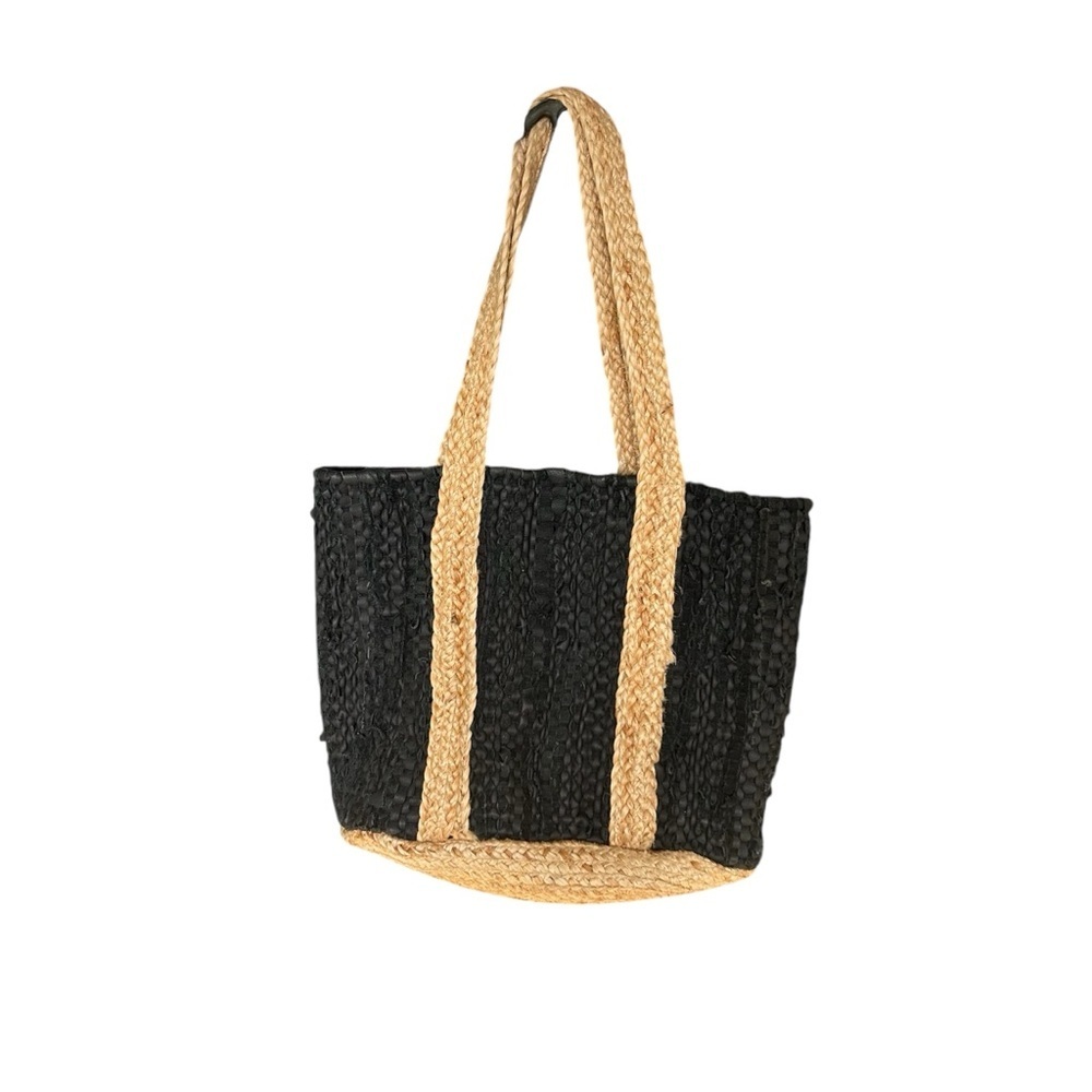 Black and Tan Woven Tote Bag Leather and Jute - Picture 3 of 8